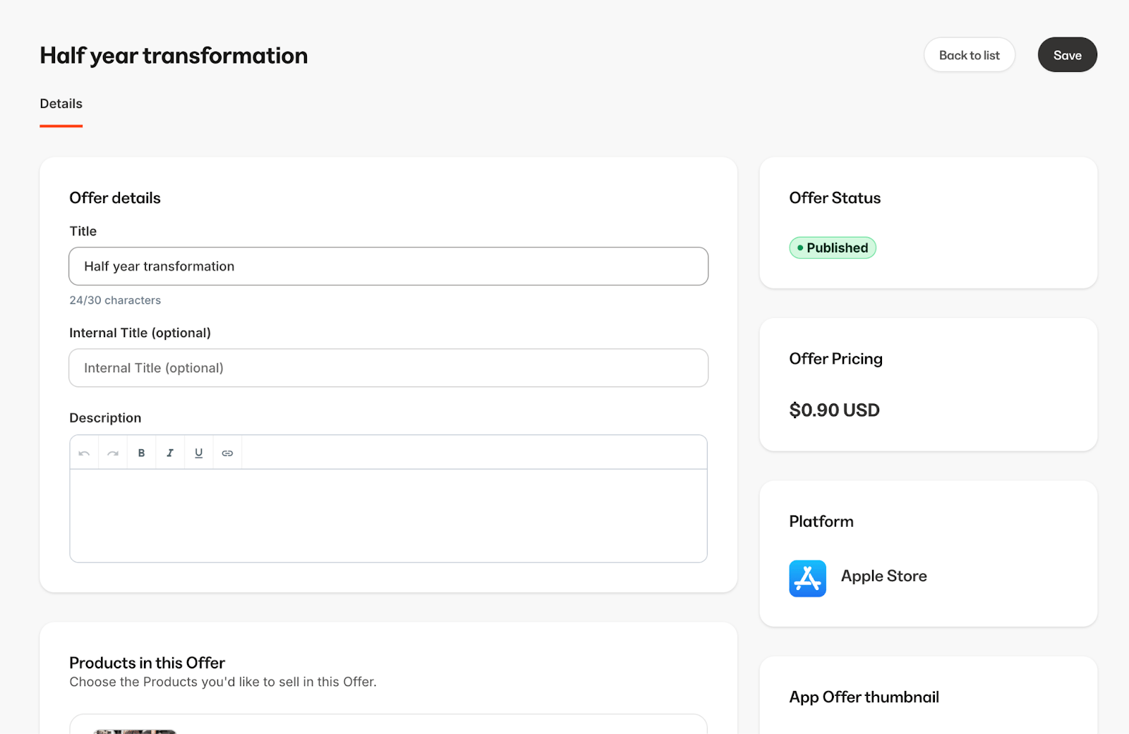 Kajabi Branded App Offer details screen showing Offer Pricing and Platform settings