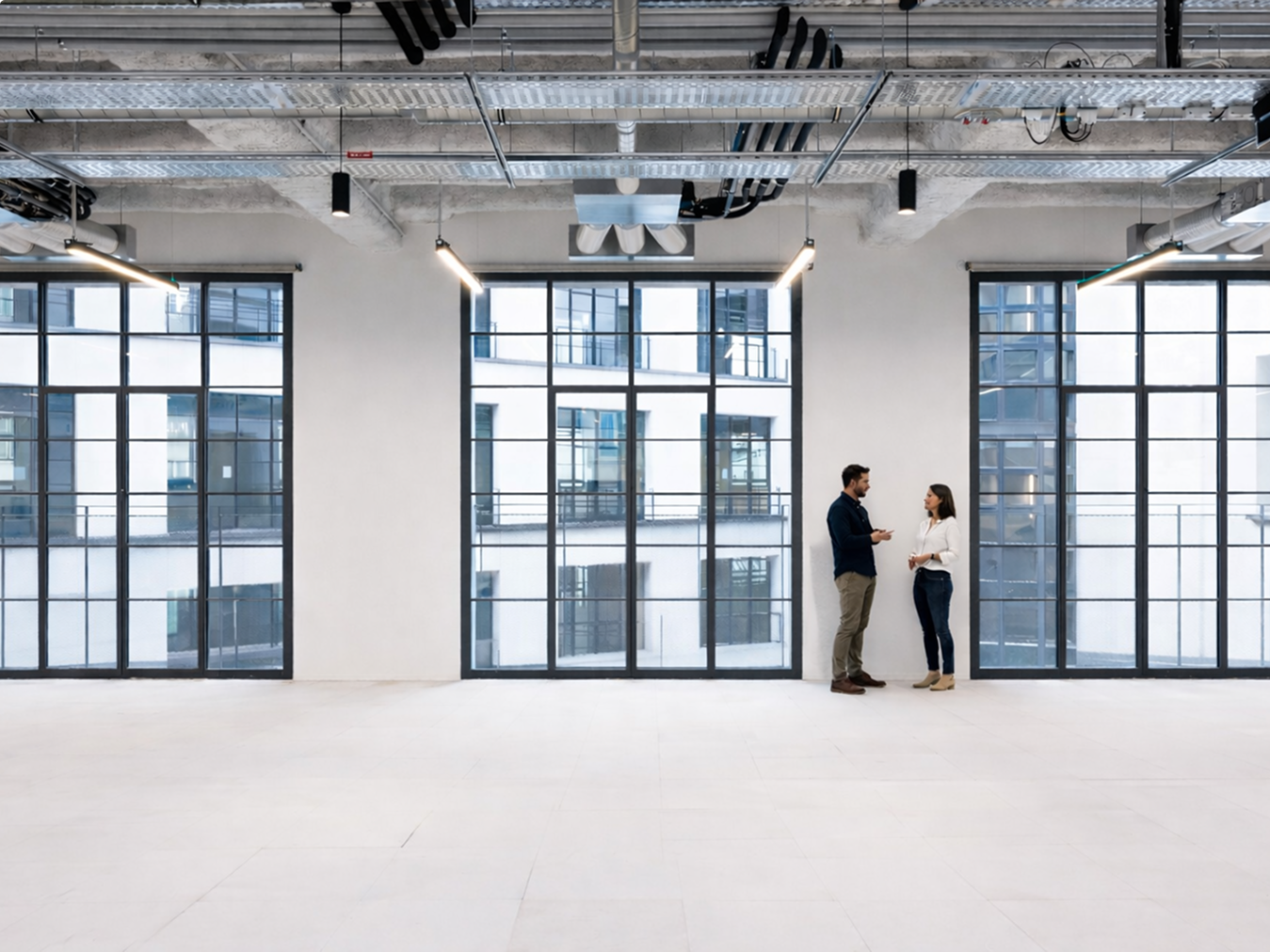 Bureaux vides dans lesquels deux personnes, un homme et une femme discutent