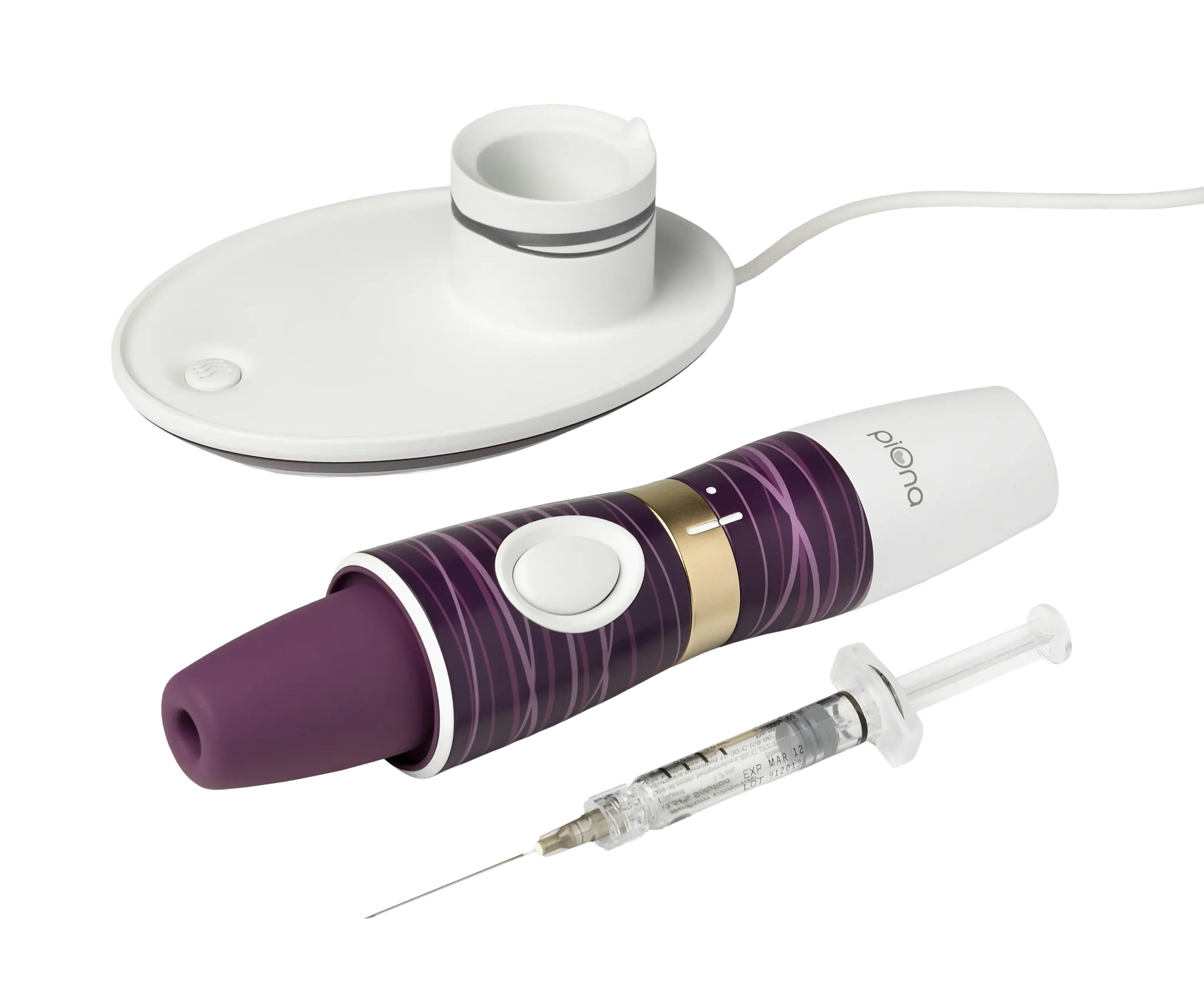 Piona branded handheld device with a purple and white body on a white charging base with warming indicator.