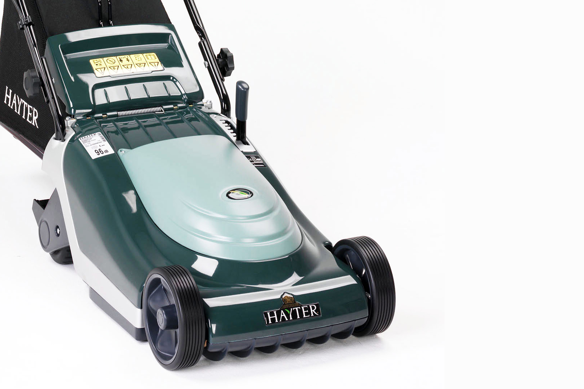 Green and silver Hayter lawn mower with black wheels and grass collection bag.