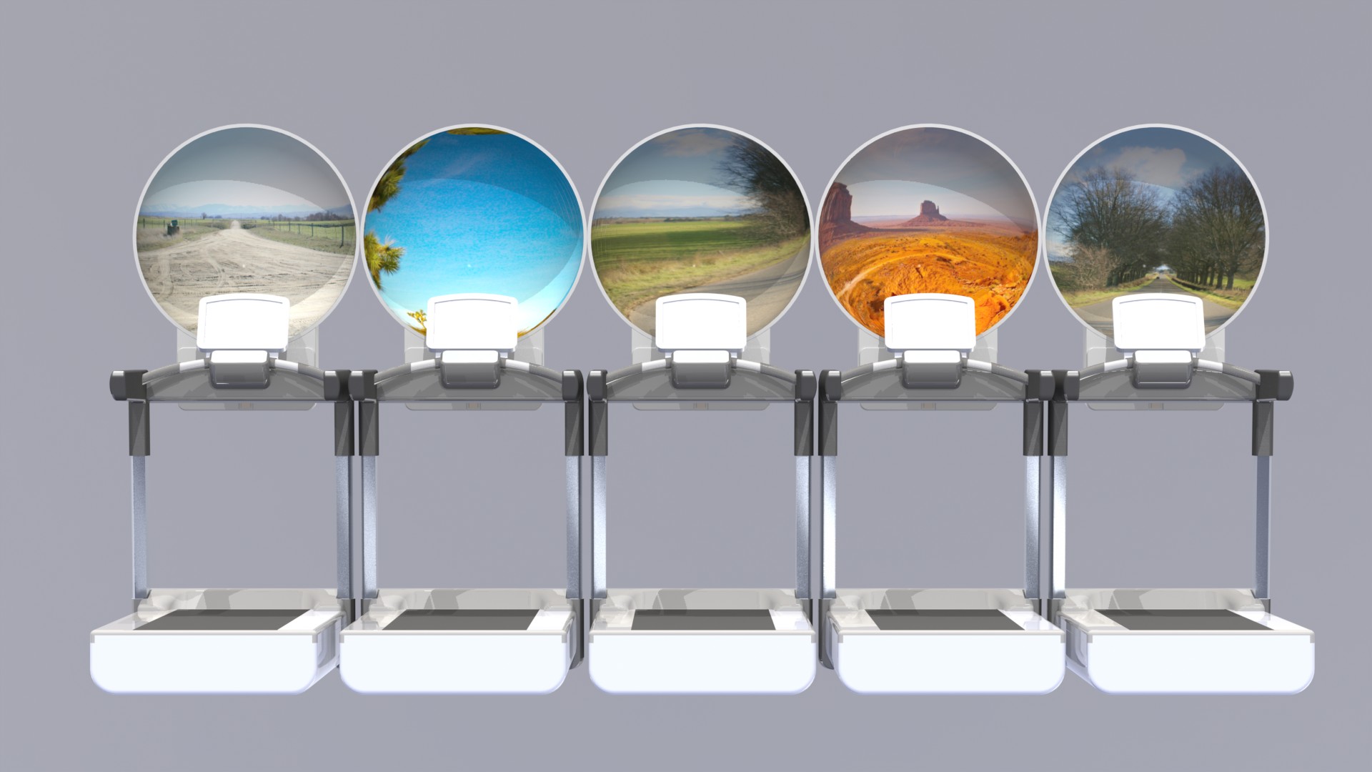 Five futuristic treadmill machines with circular screens displaying different outdoor landscapes including desert, tree-lined path, and fields.