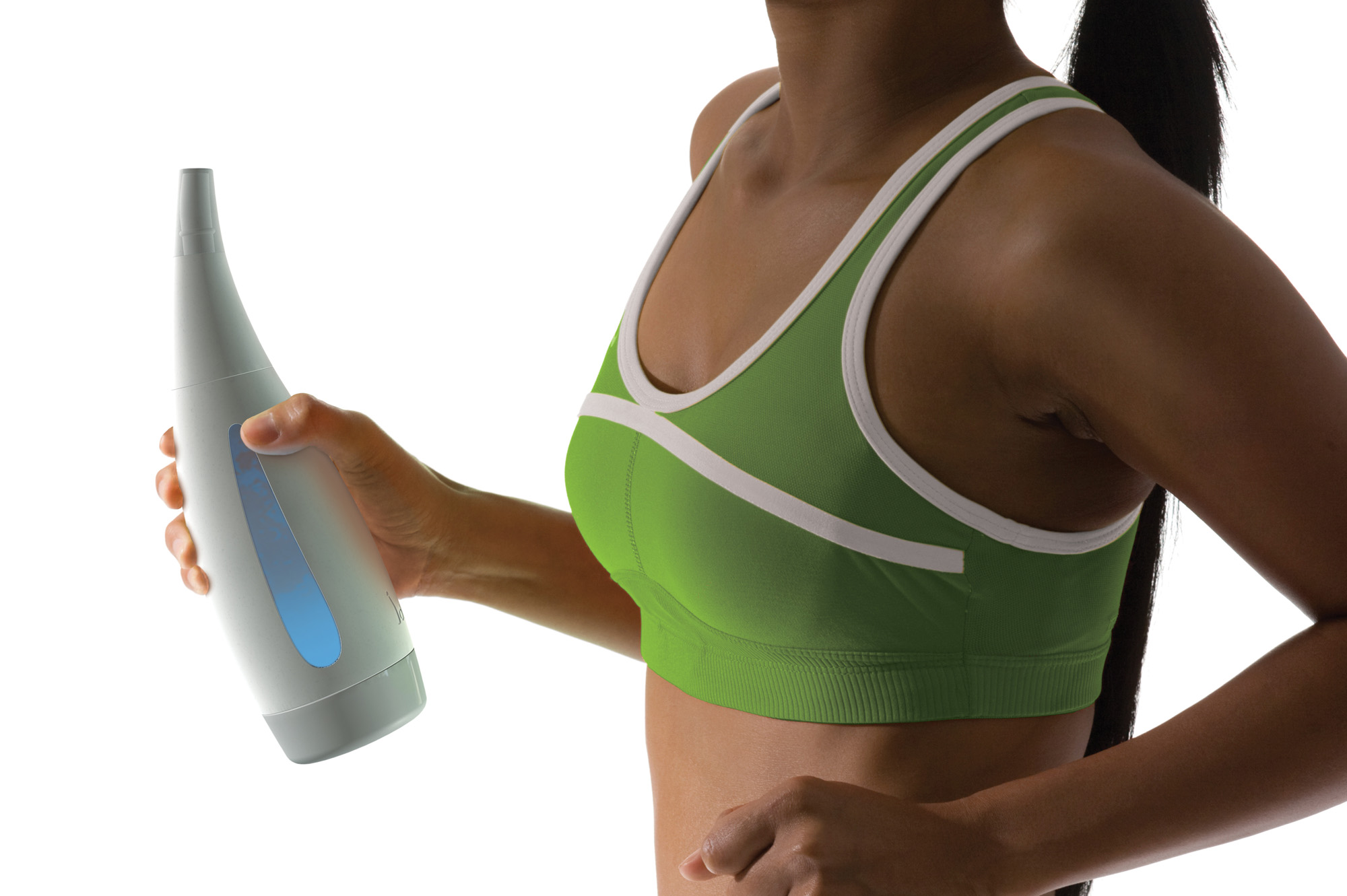 Woman in a green sports bra holding a modern, white, and blue hydration water bottle.