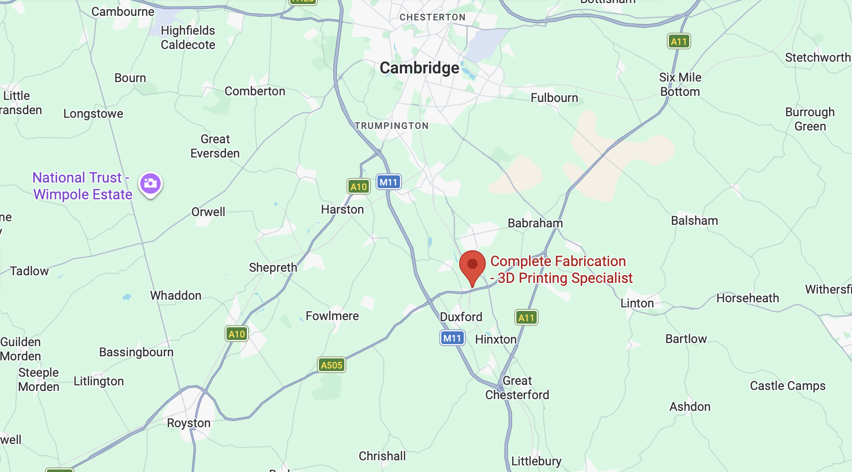 Map of Cambridge area with a red location marker labeled Complete Fabrication - 3D Printing Specialist near Duxford.