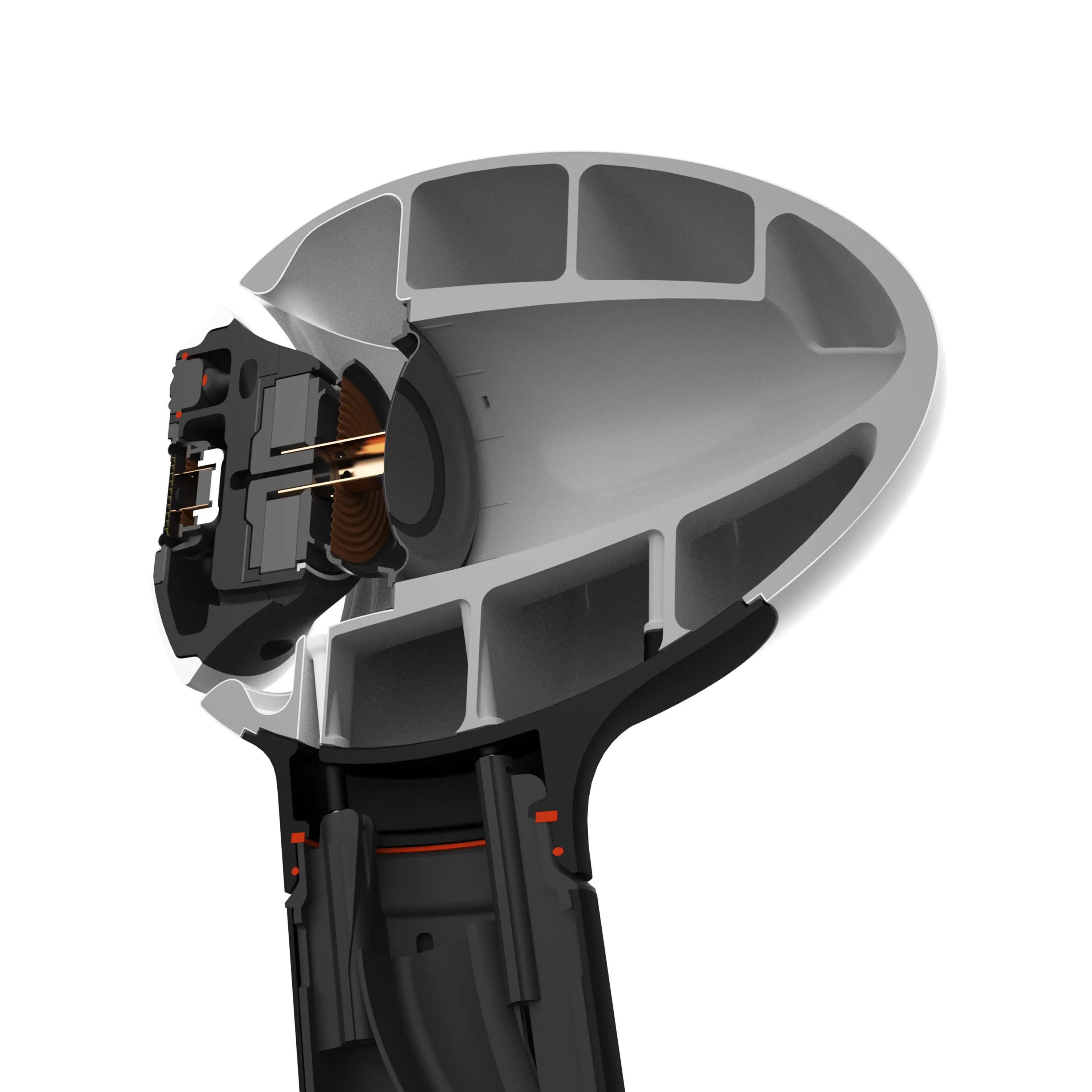 Cutaway view of a mechanical or electronic device showcasing internal components including coils and structural compartments.