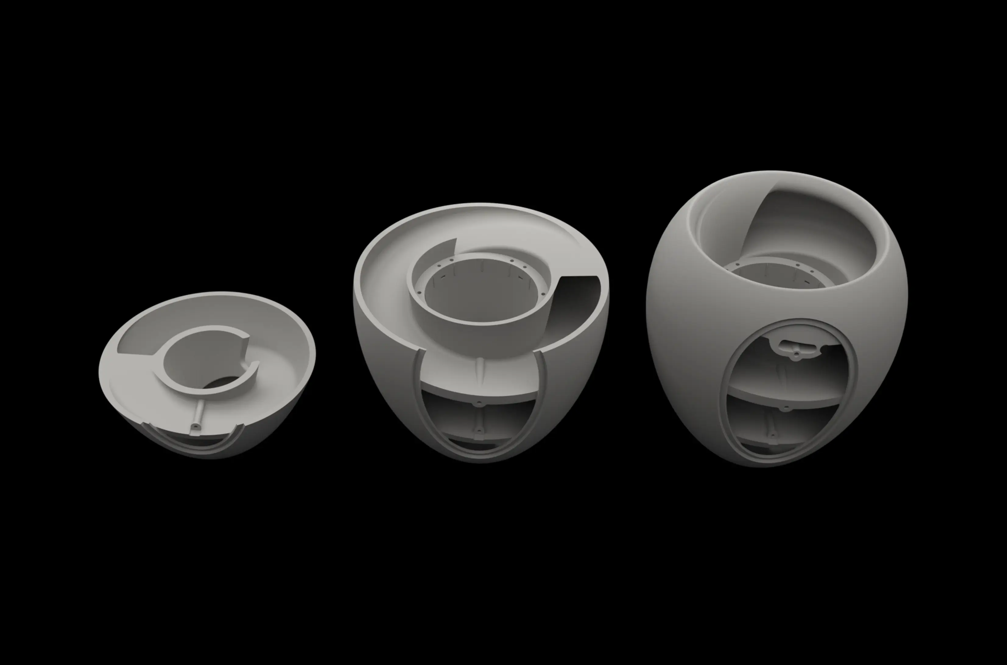 Three gray 3D-rendered mechanical or speaker shell models showing progressive structural complexity.