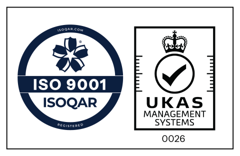 ISO 9001 ISOQAR certification badge alongside UKAS Management Systems accreditation logo with checkmark and crown.