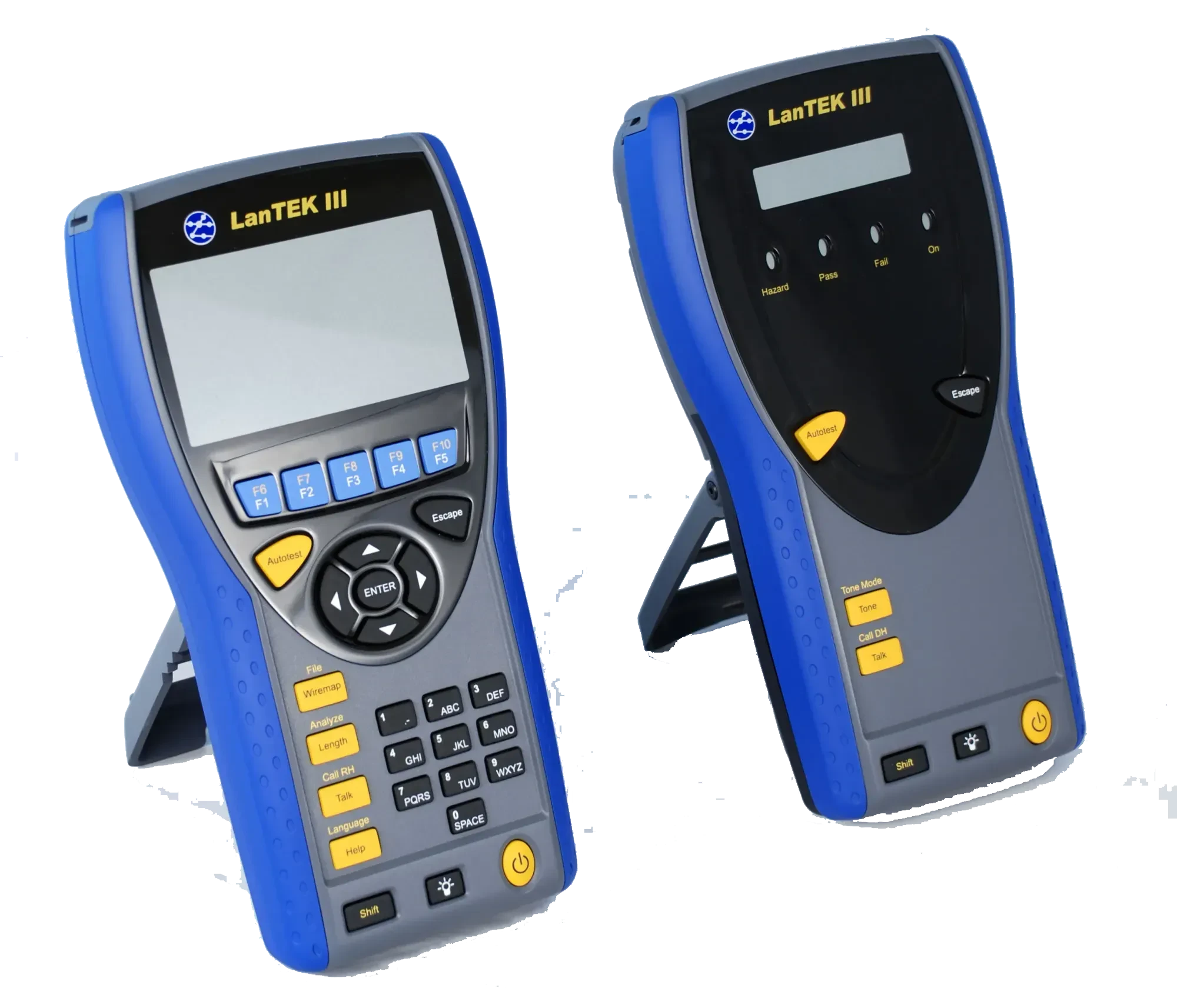 Two LanTEK III network cable testers with blue and grey casing, keypad, and display screens.