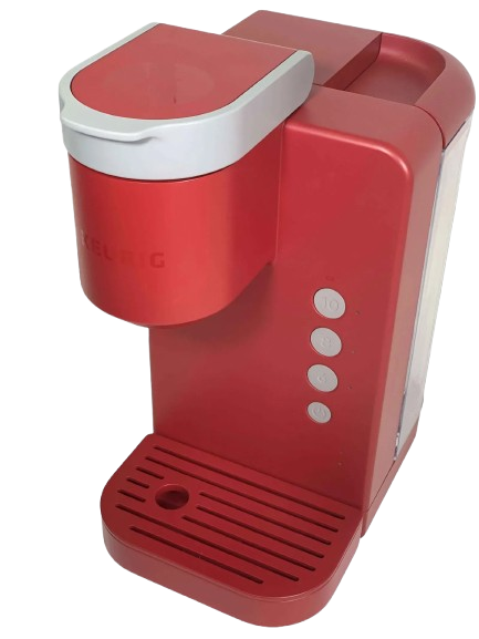 Red single-serve coffee maker with white top and four buttons on the side for brewing options.