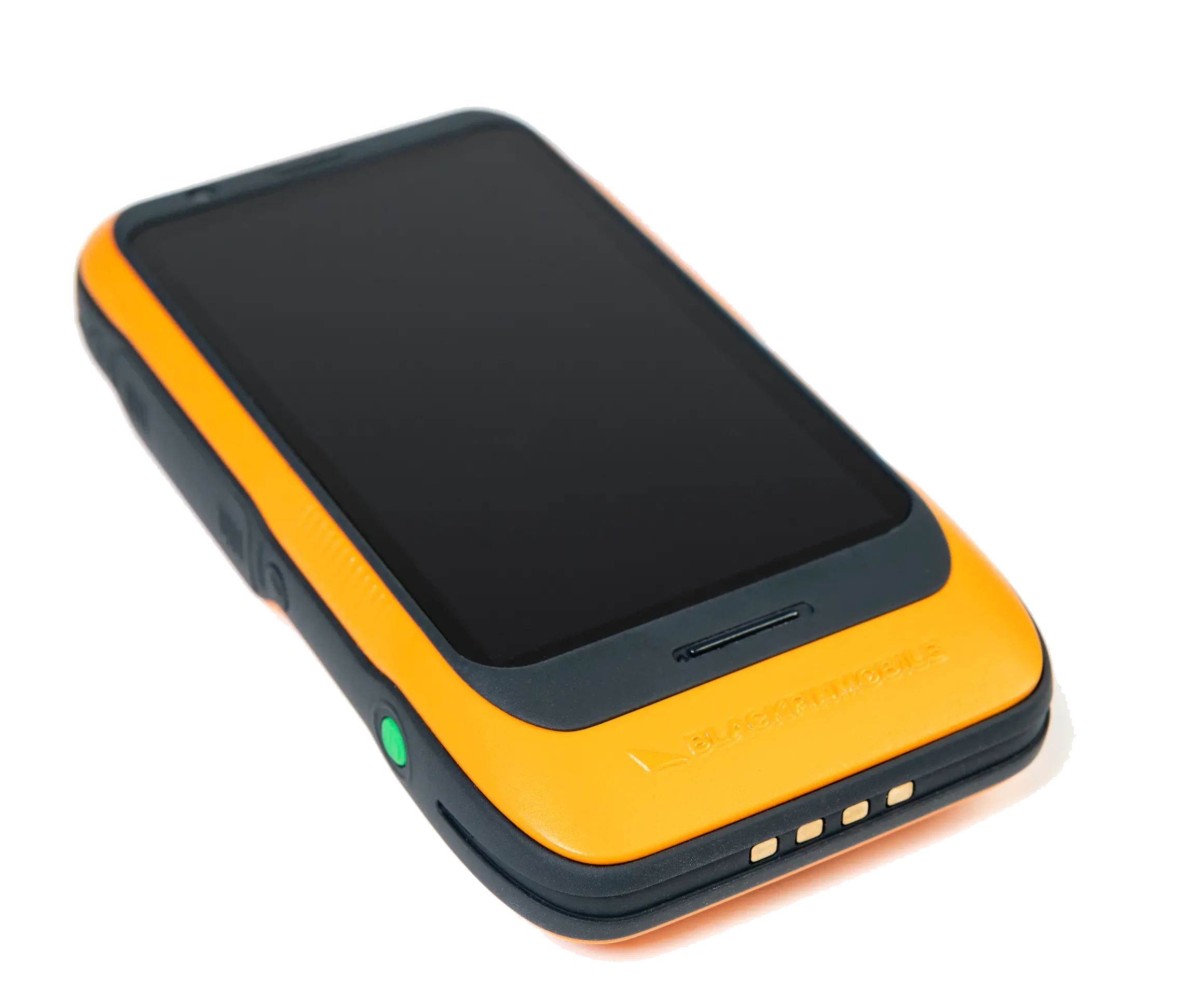 Black and orange rugged handheld device with a touchscreen and green side button.
