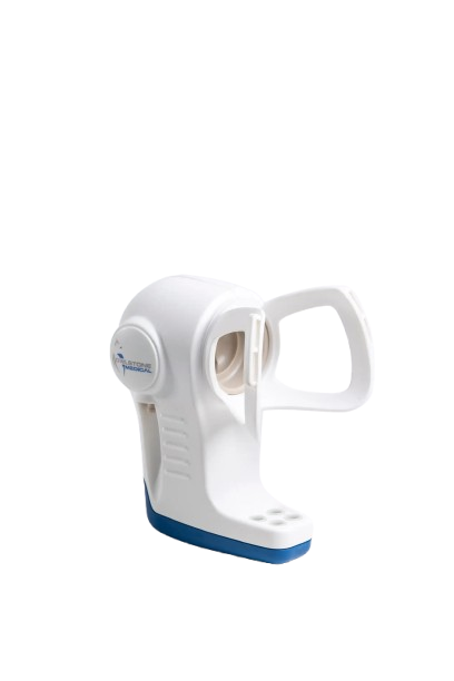 White medical handheld device with a blue base and a loop handle.