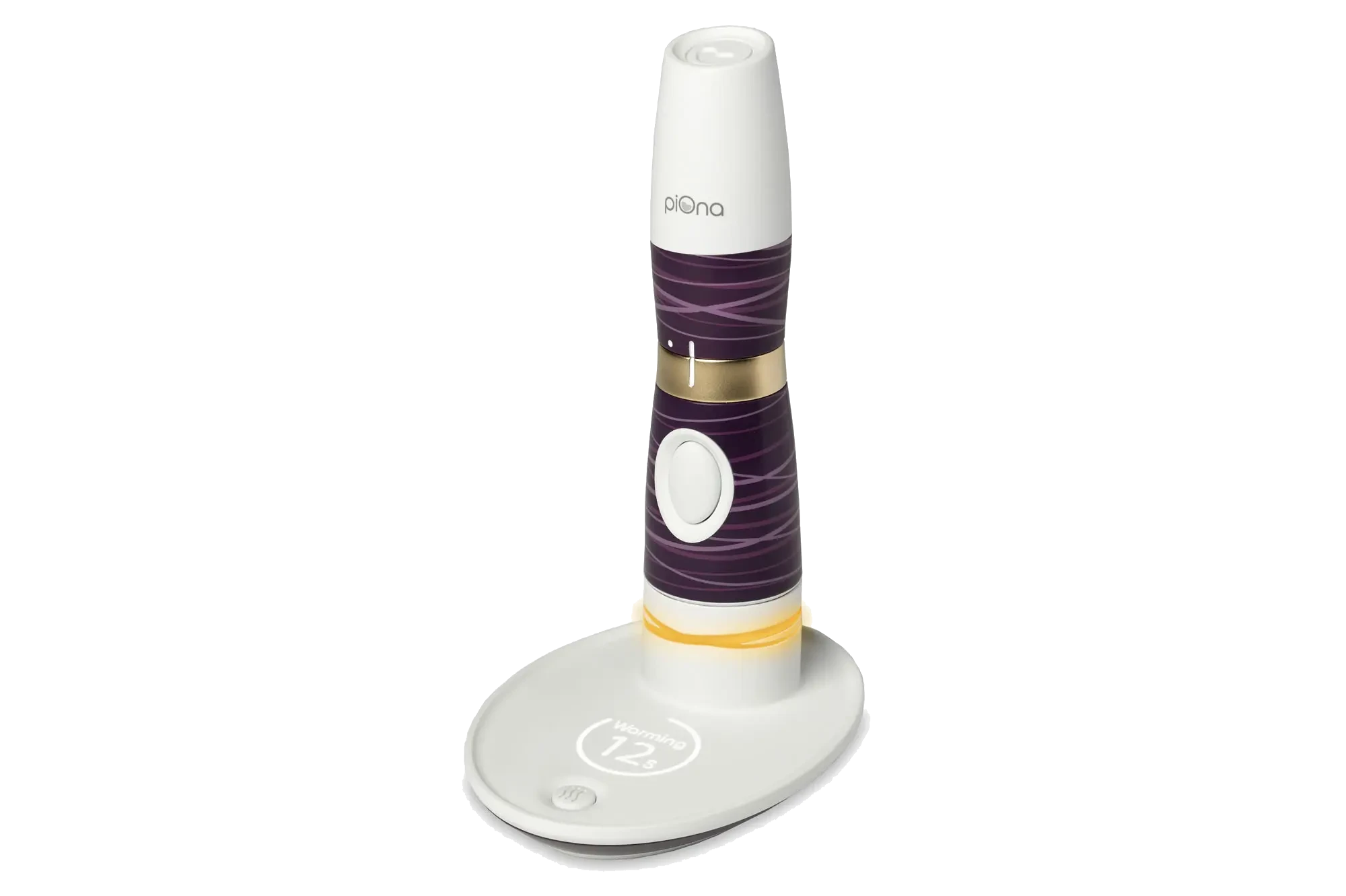 Electric earwax removal tool with a purple handle, white button, and a white warming base with a 12-second timer display.