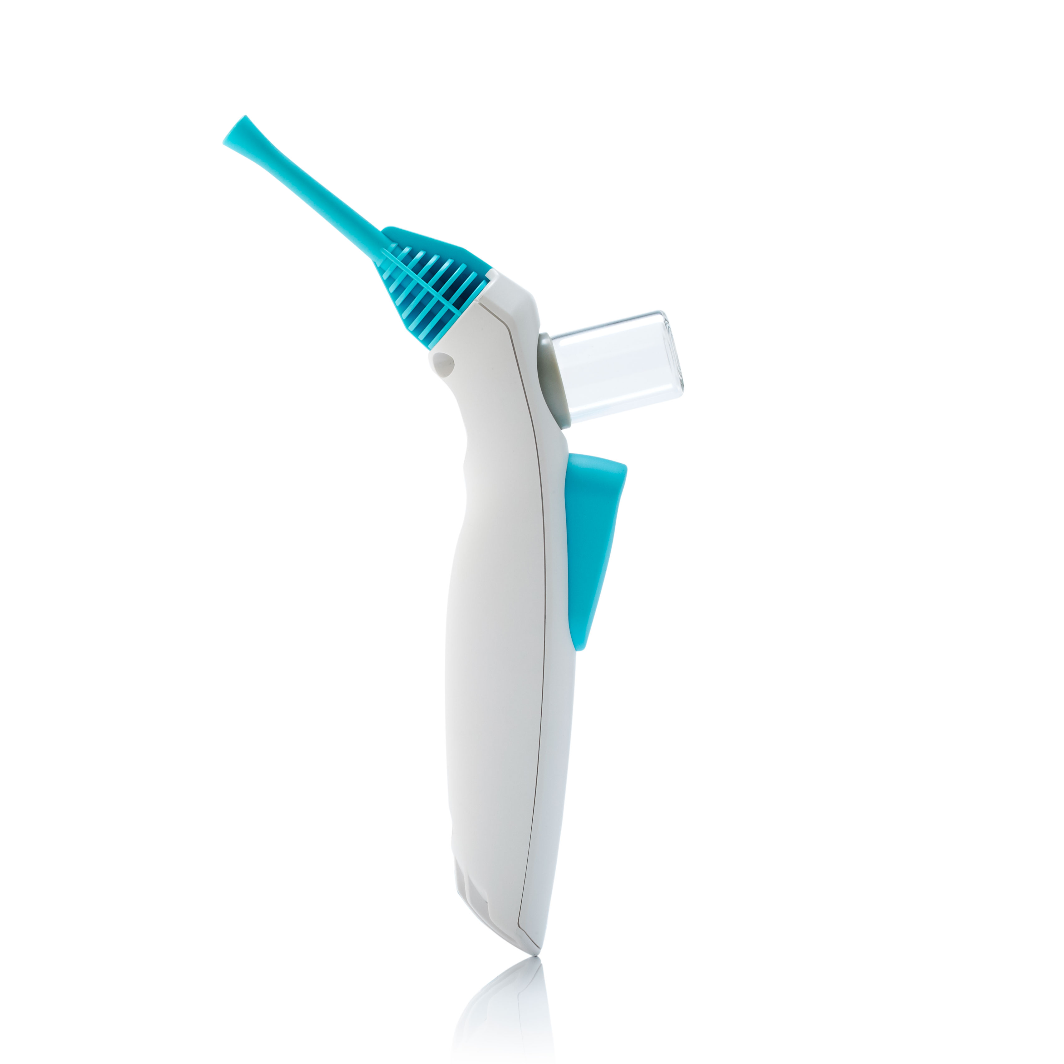 White and blue ear cleaning device with a clear cylindrical attachment on a white background.