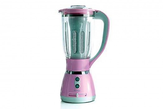 Pink and grey blender display model with a clear jug, finished for catalogue photography