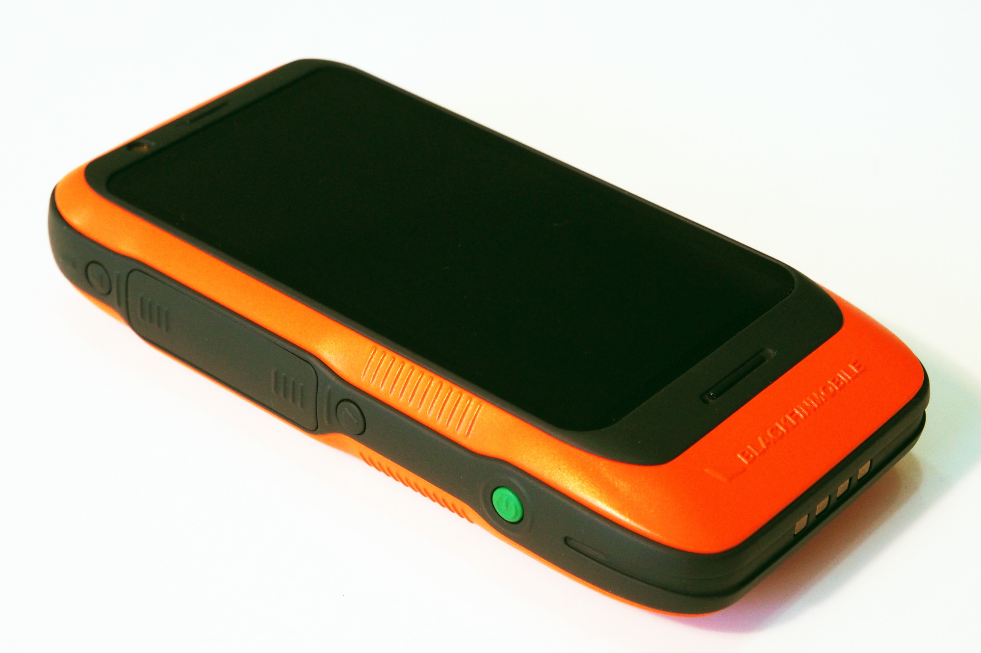 Orange and grey Blackfin Mobile handset model with a black screen, on a white background