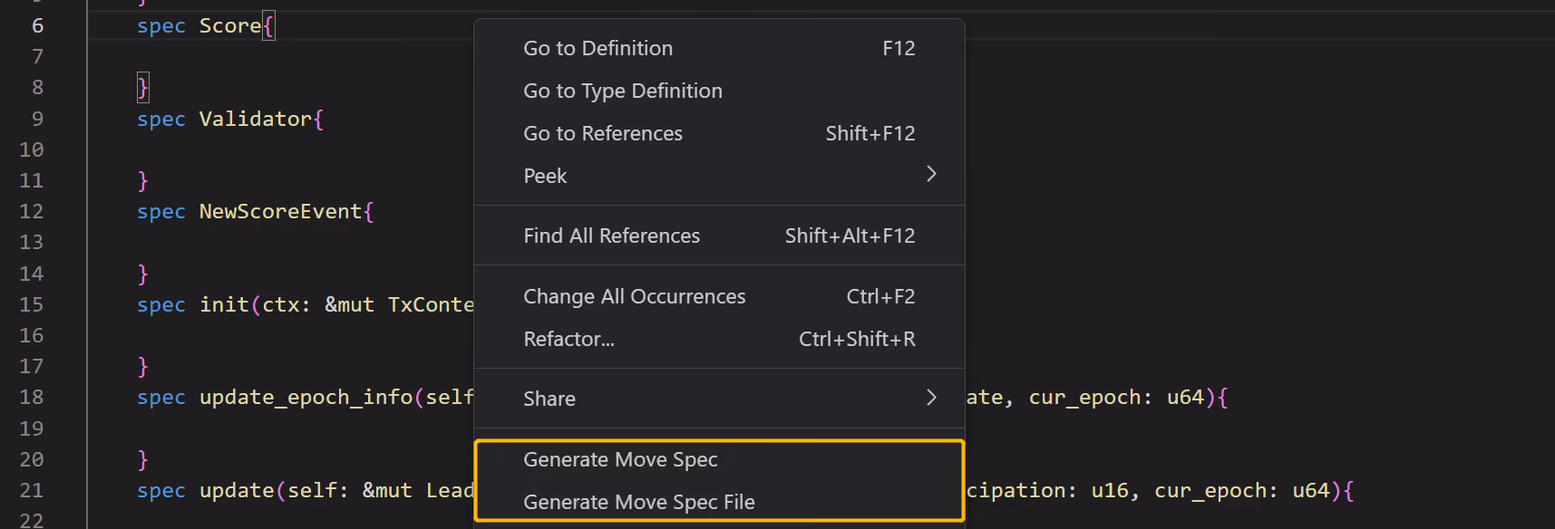 function specification in a drop down menu
