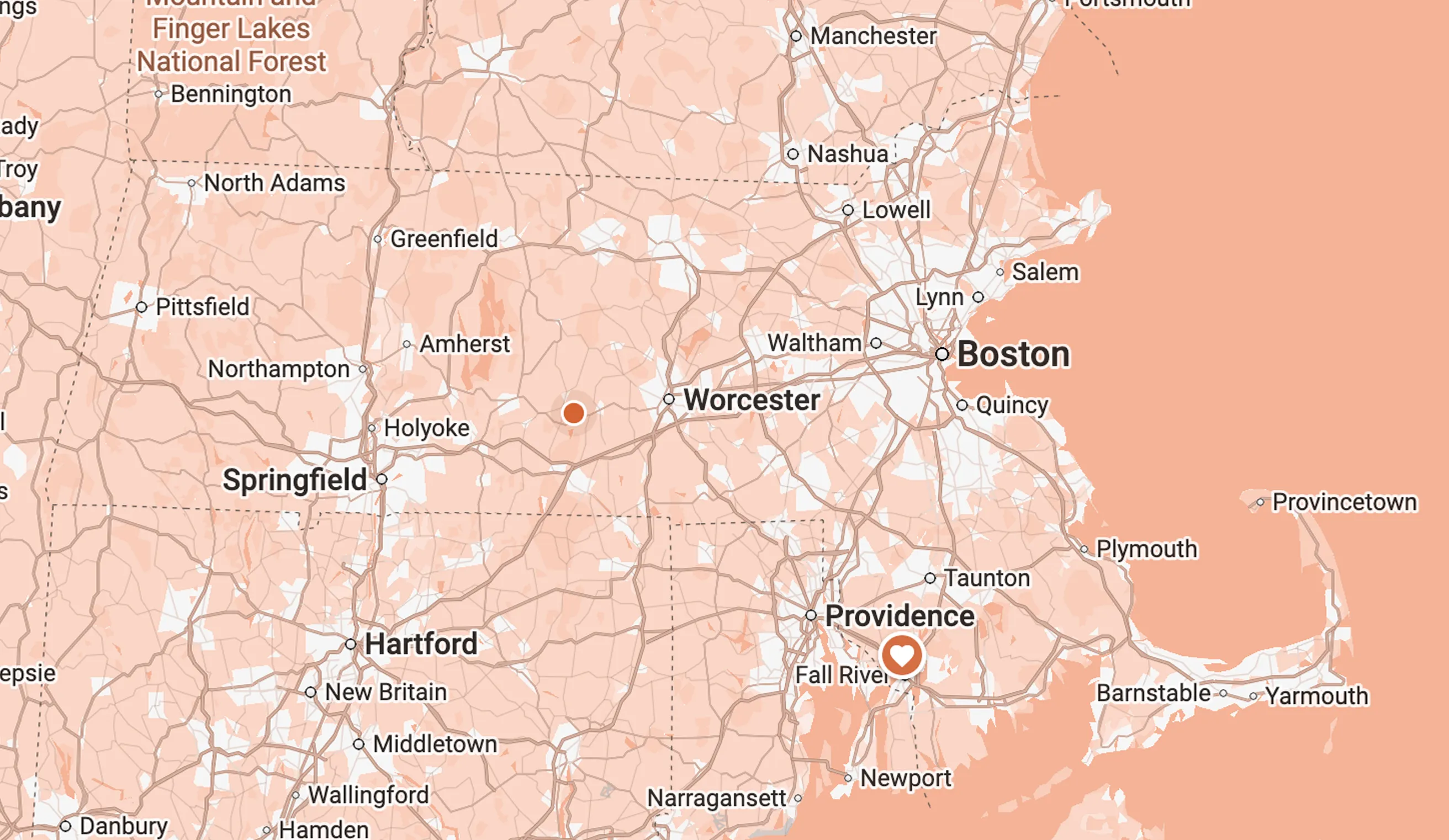 Map of service area: all of MA, some of CT and RI