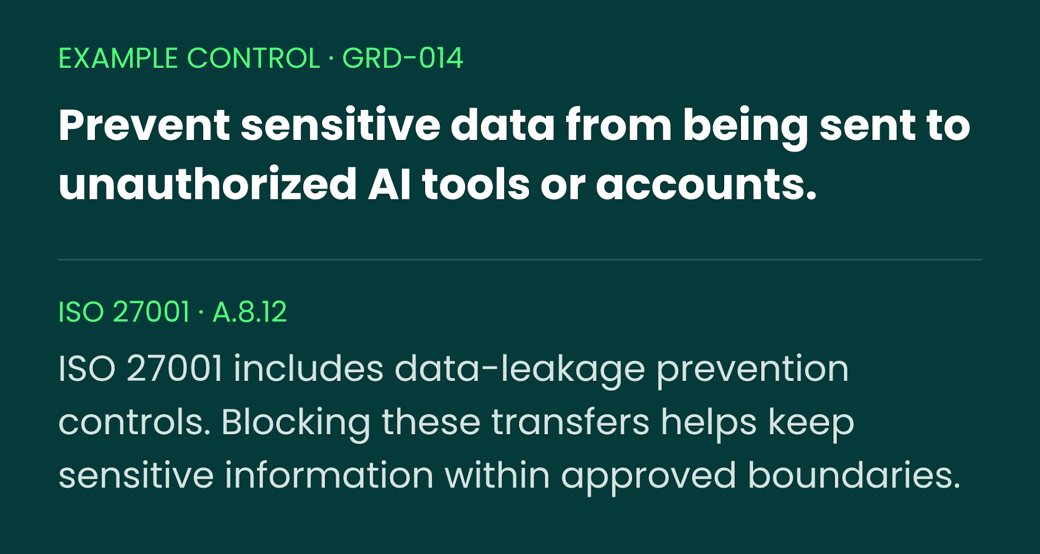 Example control GRD-014: prevent sensitive data from being sent to unauthorized AI tools or accounts. Mapped to ISO 27001 A.8.12, which covers data-leakage prevention.