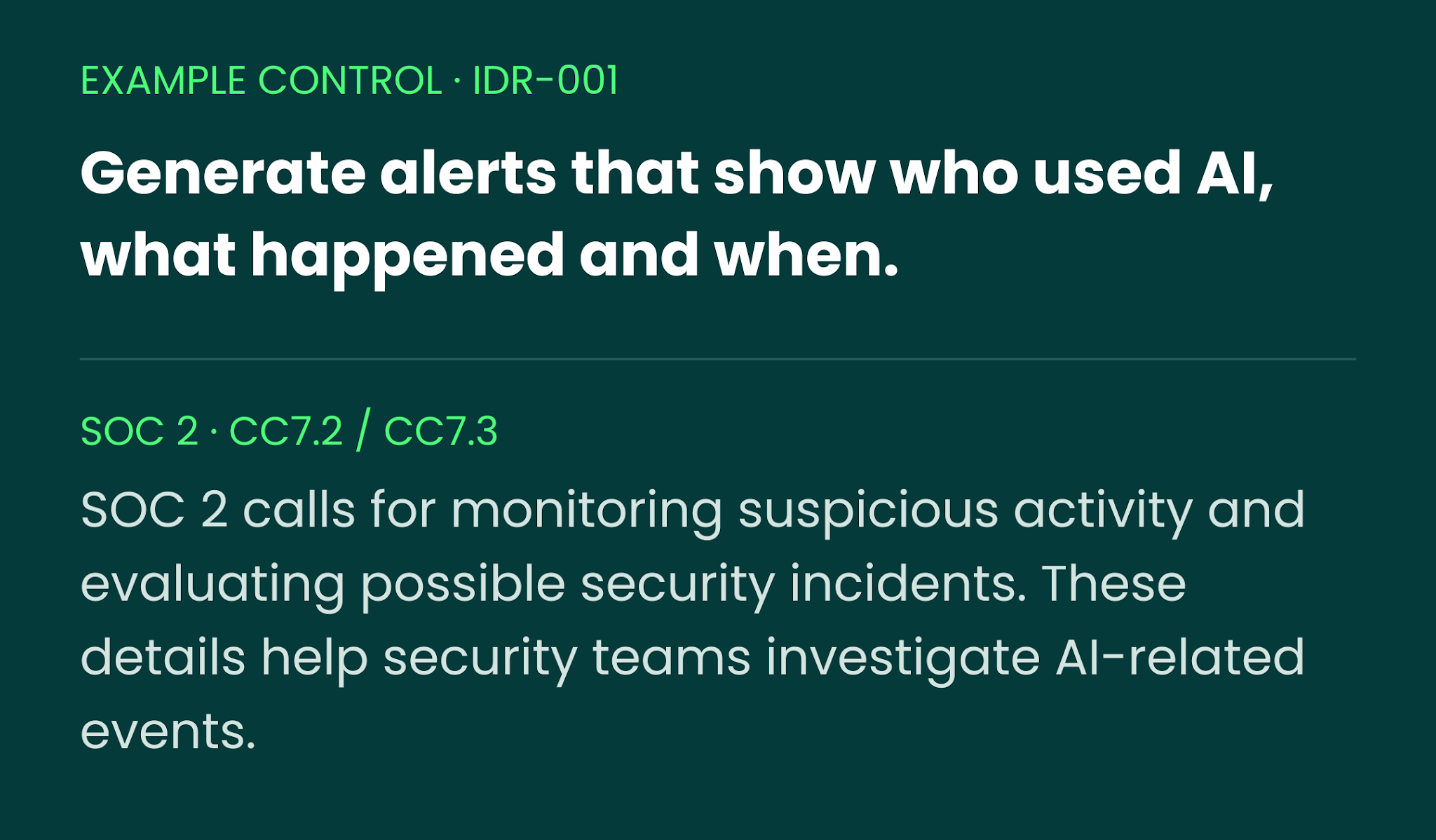 Example control IDR-001: generate alerts that show who used AI, what happened and when. Mapped to SOC 2 CC7.2 and CC7.3, which call for monitoring suspicious activity and evaluating possible security incidents.