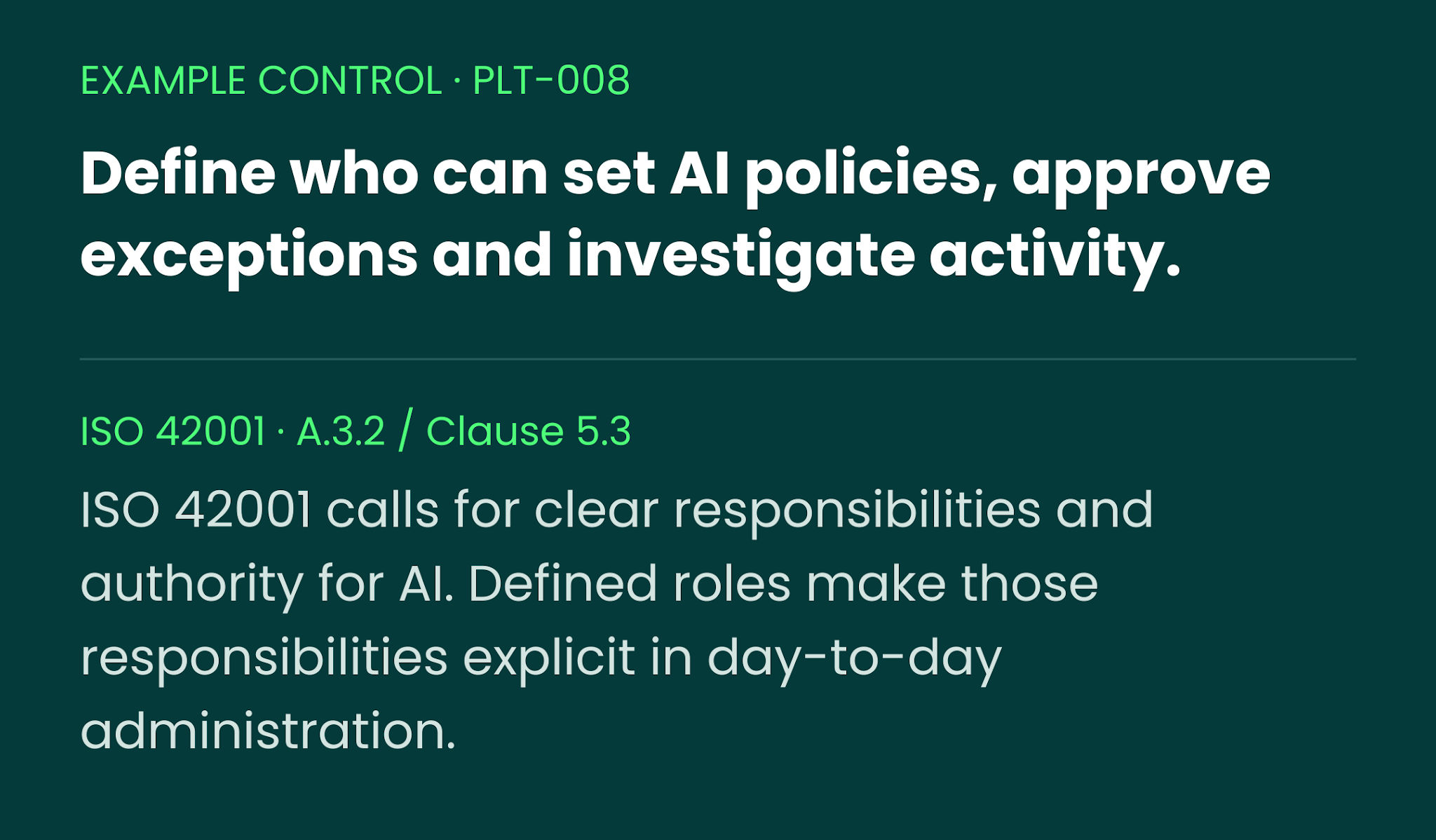 Example control PLT-008: define who can set AI policies, approve exceptions and investigate activity. Mapped to ISO 42001 A.3.2 and Clause 5.3, which call for clear responsibilities and authority for AI.