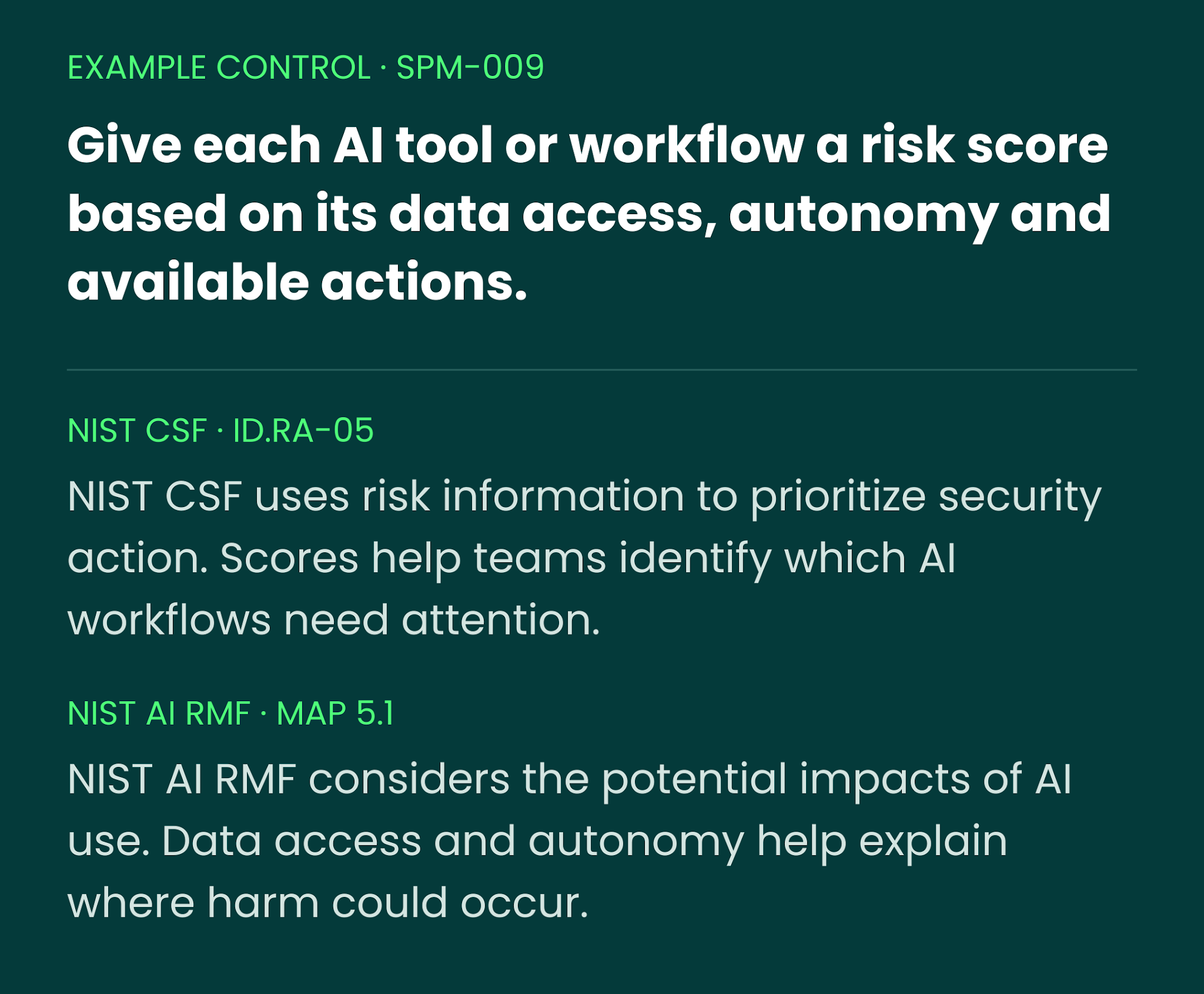 Example control SPM-009: give each AI tool or workflow a risk score based on its data access, autonomy and available actions. Mapped to NIST CSF ID.RA-05 and NIST AI RMF MAP 5.1.