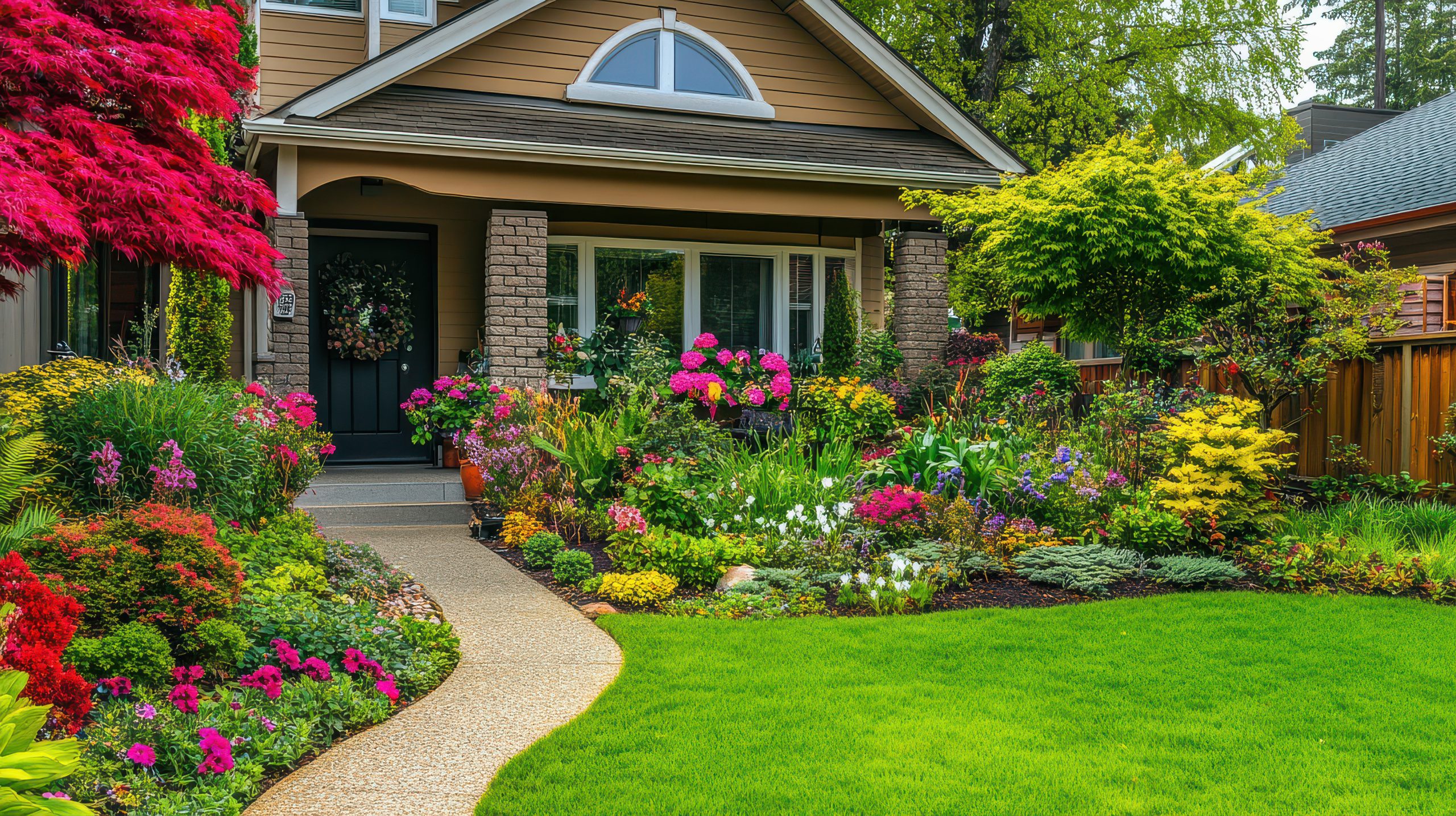 House front with a garden pathway lined by vibrant flowers and lush green lawn.