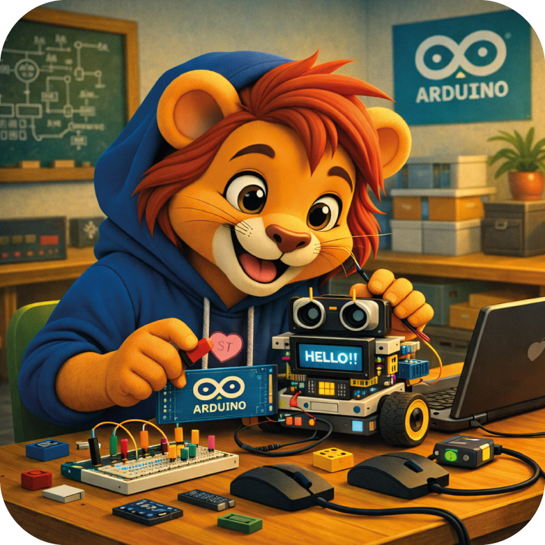 Un león animado con sudadera azul trabaja con un robot Arduino en un escritorio lleno de componentes electrónicos y una computadora portátil.
