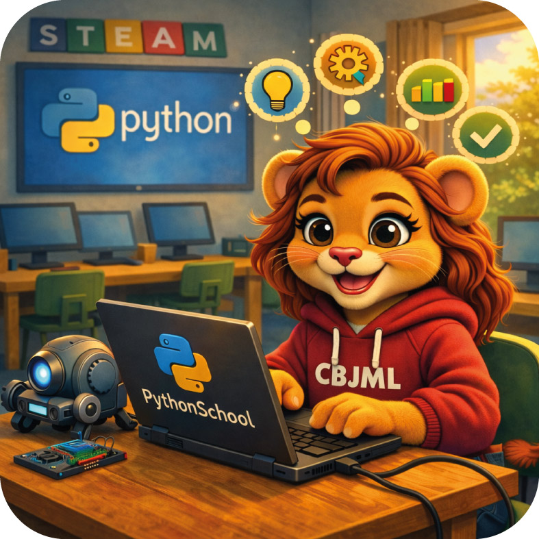 Ilustración de un león caricaturesco usando una sudadera roja con las siglas CBJML, trabajando en una laptop con logotipos de Python, en un aula de STEAM con computadoras y una pantalla que muestra Python.