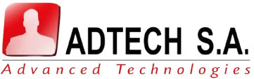 Logotipo de ADTECH S.A. con una silueta humana en un cuadrado rojo y texto 'Advanced Technologies' en cursiva roja.