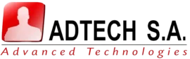 Logotipo de ADTECH S.A. con una silueta humana en un cuadrado rojo y texto 'Advanced Technologies' en cursiva roja.
