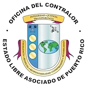 Seal of the Office of the Comptroller of Puerto Rico with shield, globe, transparency scroll, and circular text.