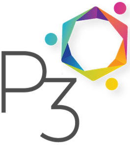 P3 logo with dark lettering, colorful geometric ring, and pink, teal, and yellow dots on a transparent background.