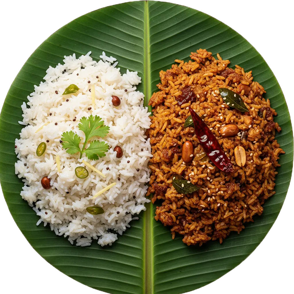A banana leaf holds two rice dishes.
