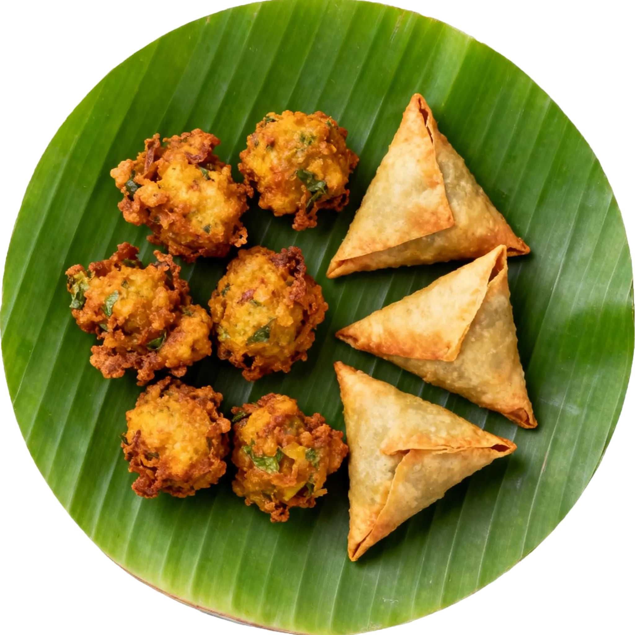 Assorted Indian snacks on a green banana leaf.