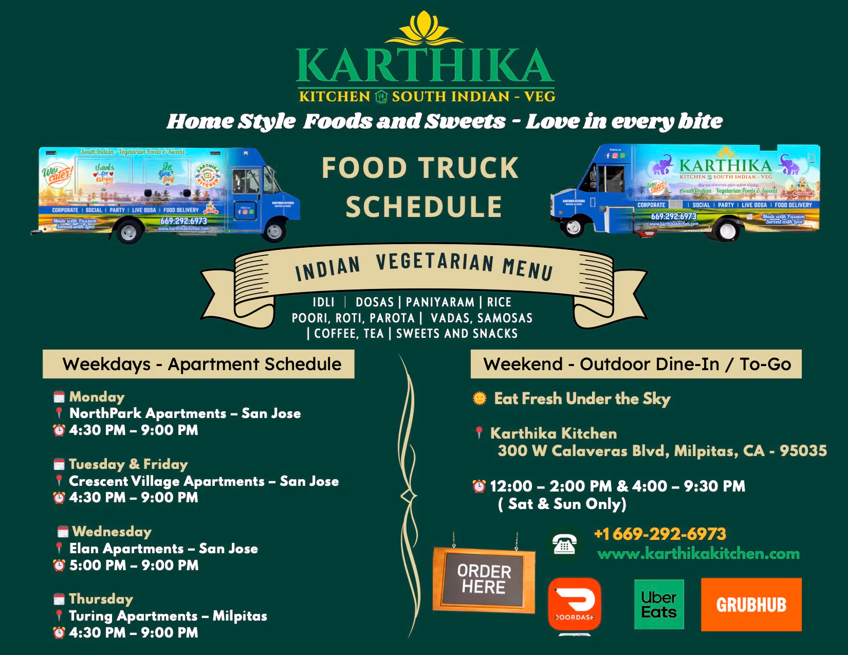 Karthika Kitchen South Indian vegetarian food truck schedule with weekday apartment locations in San Jose and Milpitas, weekend dine-in at Milpitas, and delivery options including DoorDash, Uber Eats, and Grubhub.