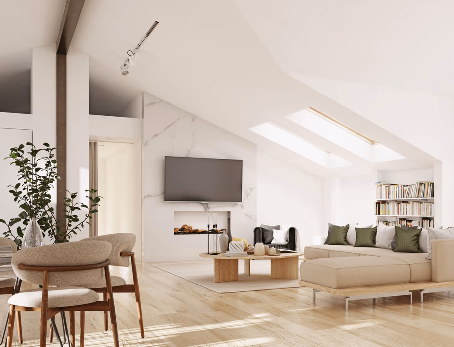 Bright modern living room with skylights, sectional sofa, and fireplace - professionally cleaned home interior by LuxeHome Cleaning