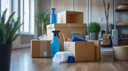 Stacked cardboard boxes and cleaning supplies including spray bottles and cloths on a wooden floor in a bright room with plants and a guitar in the background.