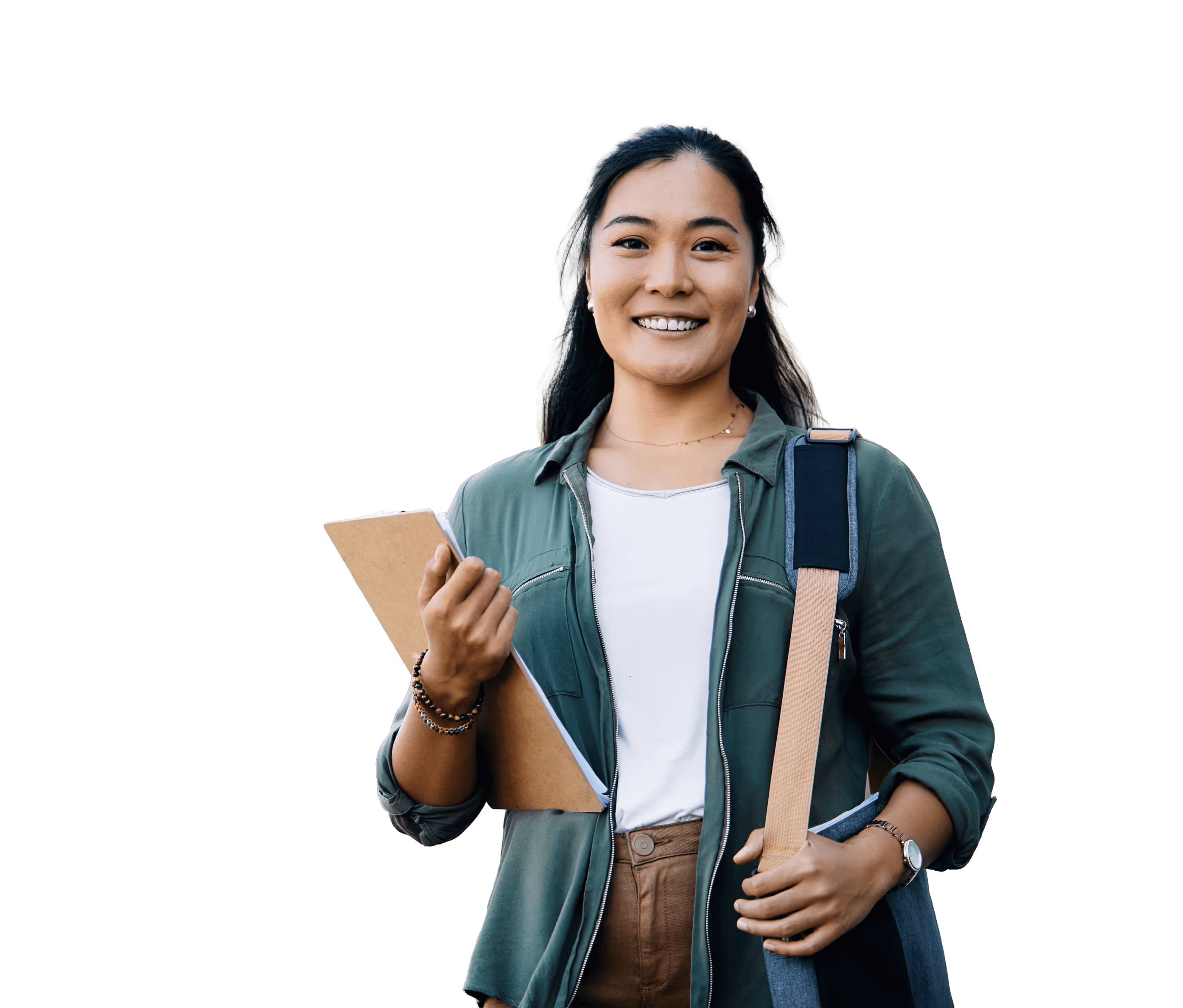A smiling student holding a clipboard, with a bag strapped on her left shoulder.