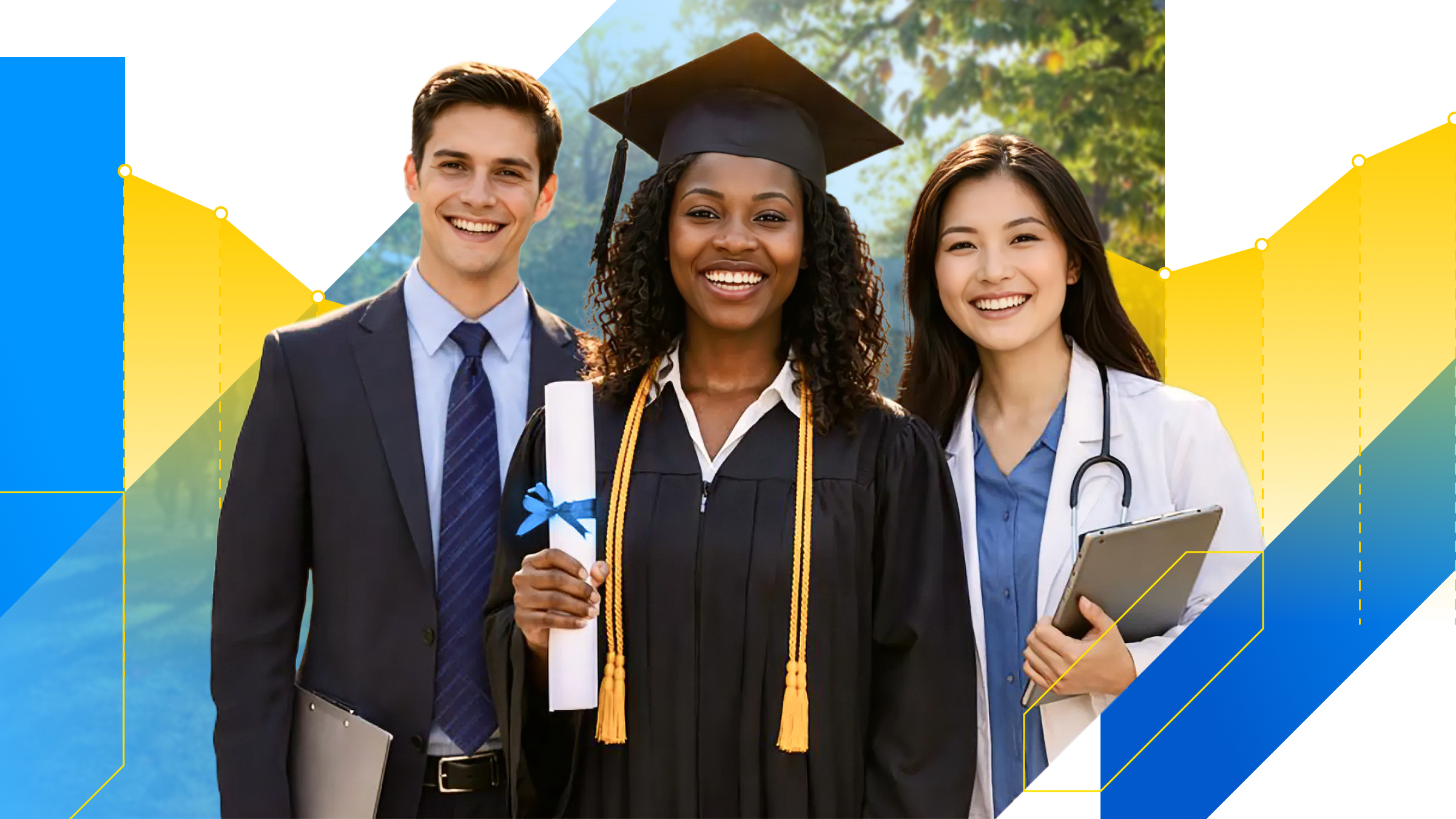 A business graduate, medical graduate, and recent graduate, celebrating their success