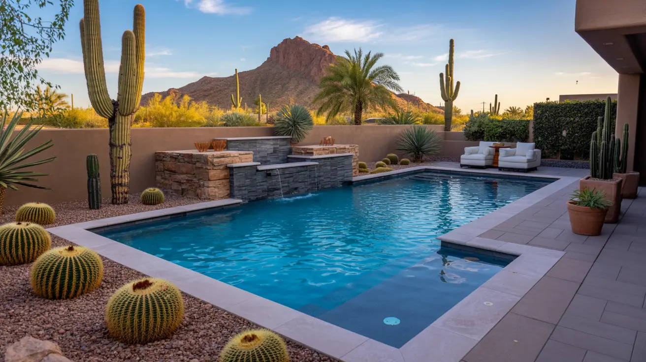 Modern backyard pool with blue water, stone water features, surrounded by desert plants and cacti with a mountain in the background.