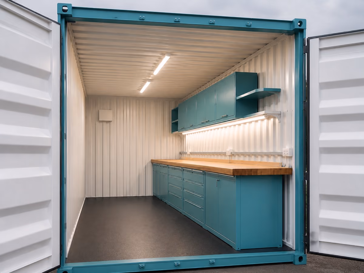 Container workshop with teal cabinets and a wooden-top workbench