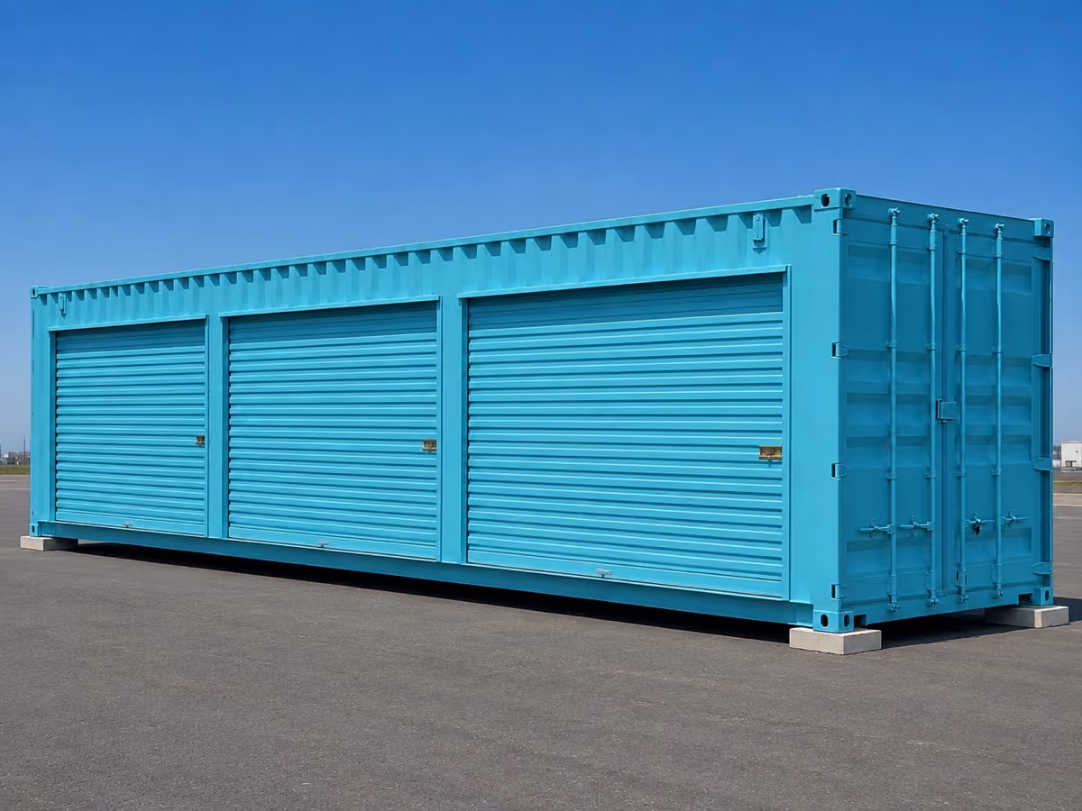 Teal 40 foot shipping container with roll-up doors in a sunny yard