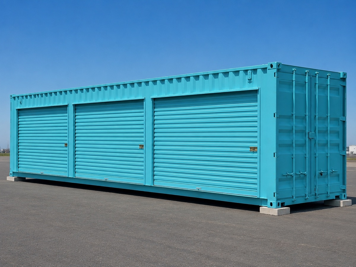 Teal 40 foot shipping container with roll-up doors in a sunny yard