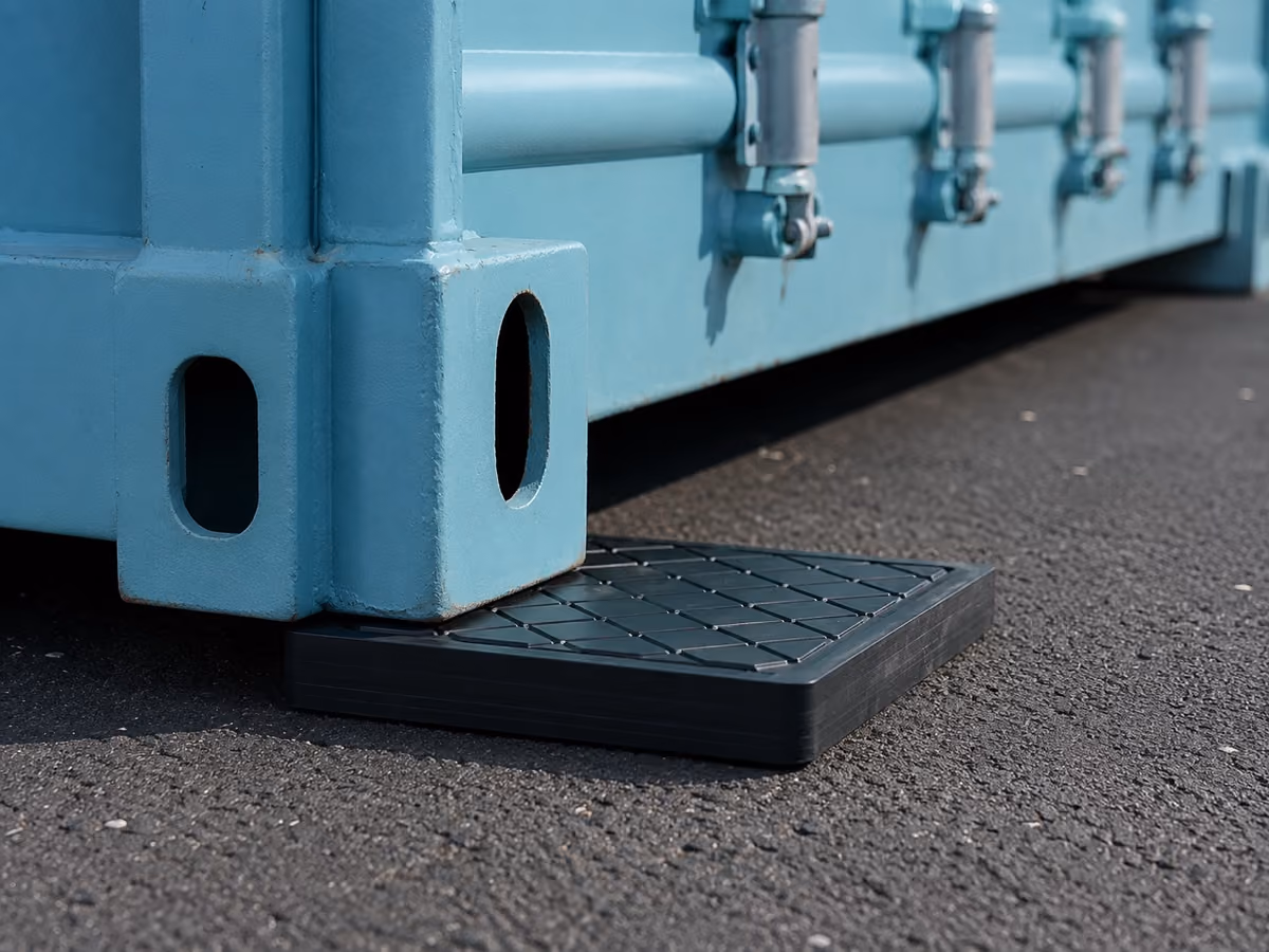 Black HDPE support pad under the corner casting of a blue shipping container