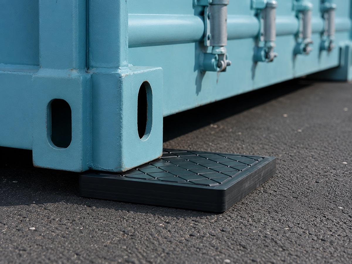 Black HDPE support pad under the corner casting of a blue shipping container