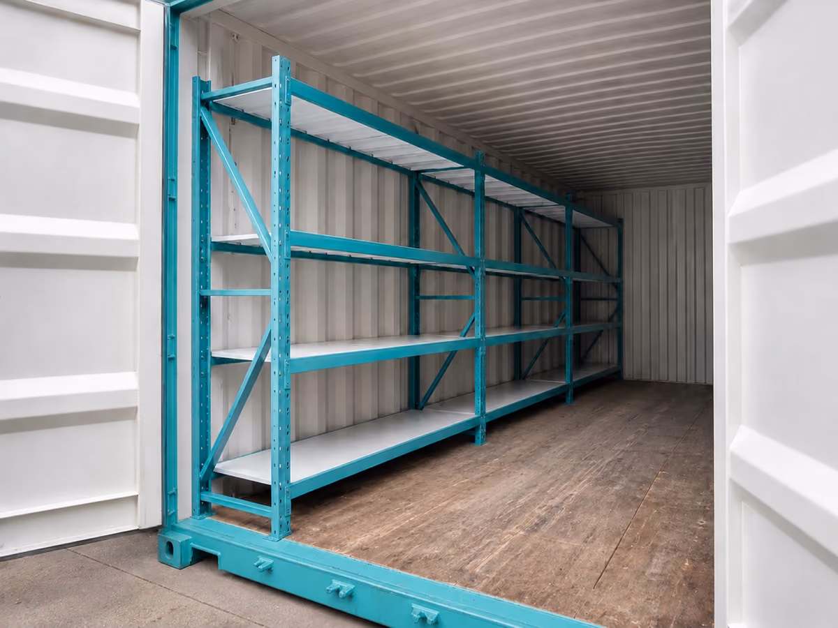 Teal heavy-duty shelving racks inside a shipping container