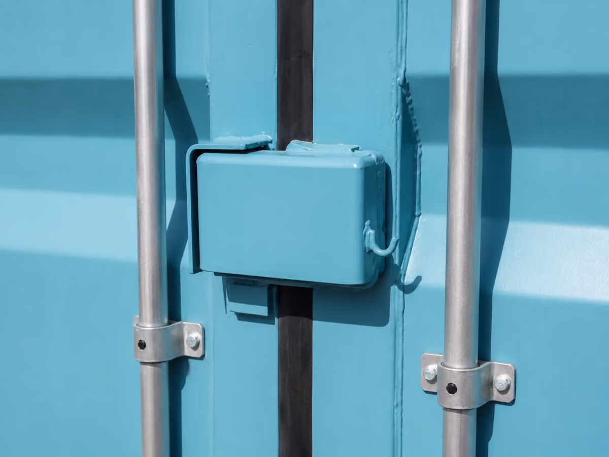 Teal lock box securing the door of a shipping container
