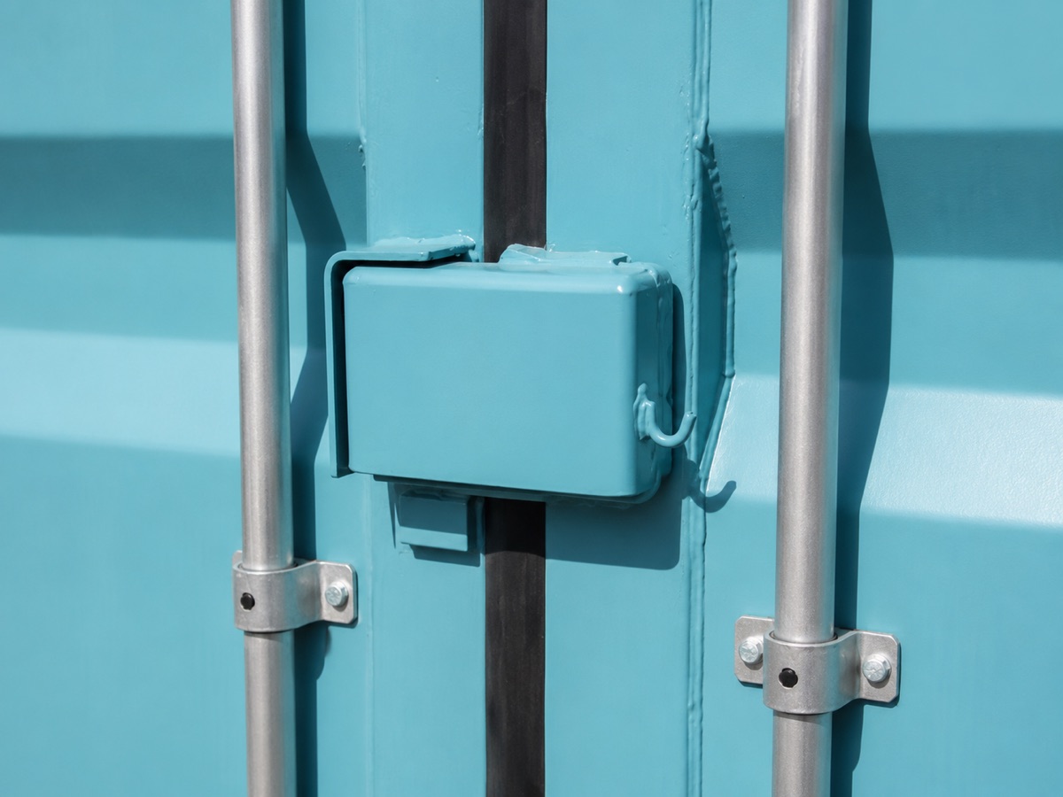 Teal lock box securing the door of a shipping container