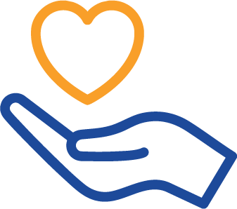 Blue outline of a hand holding an orange heart above it.