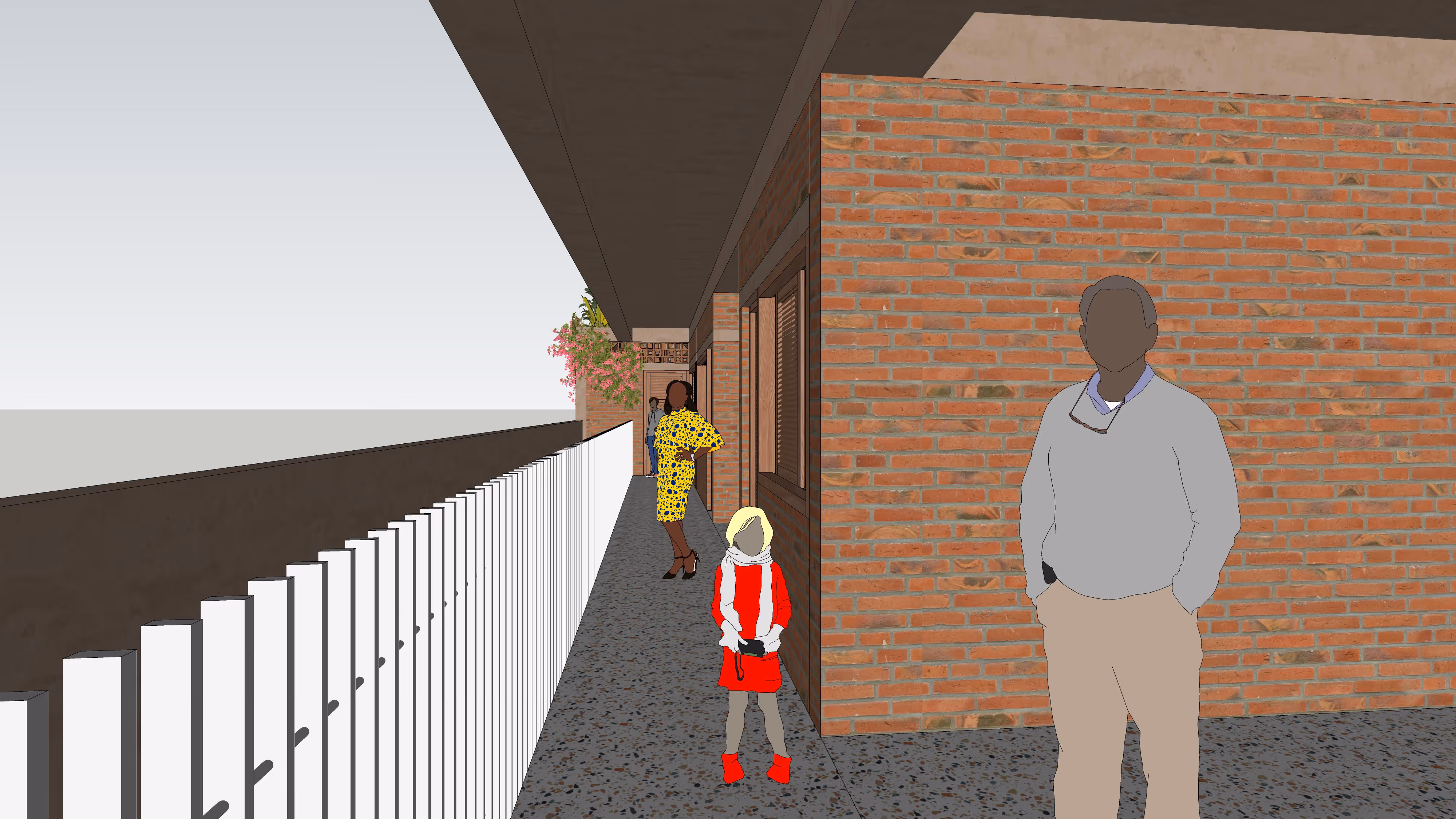 Digital rendering of a modern stairwell with brick walls, concrete columns, and two people walking.