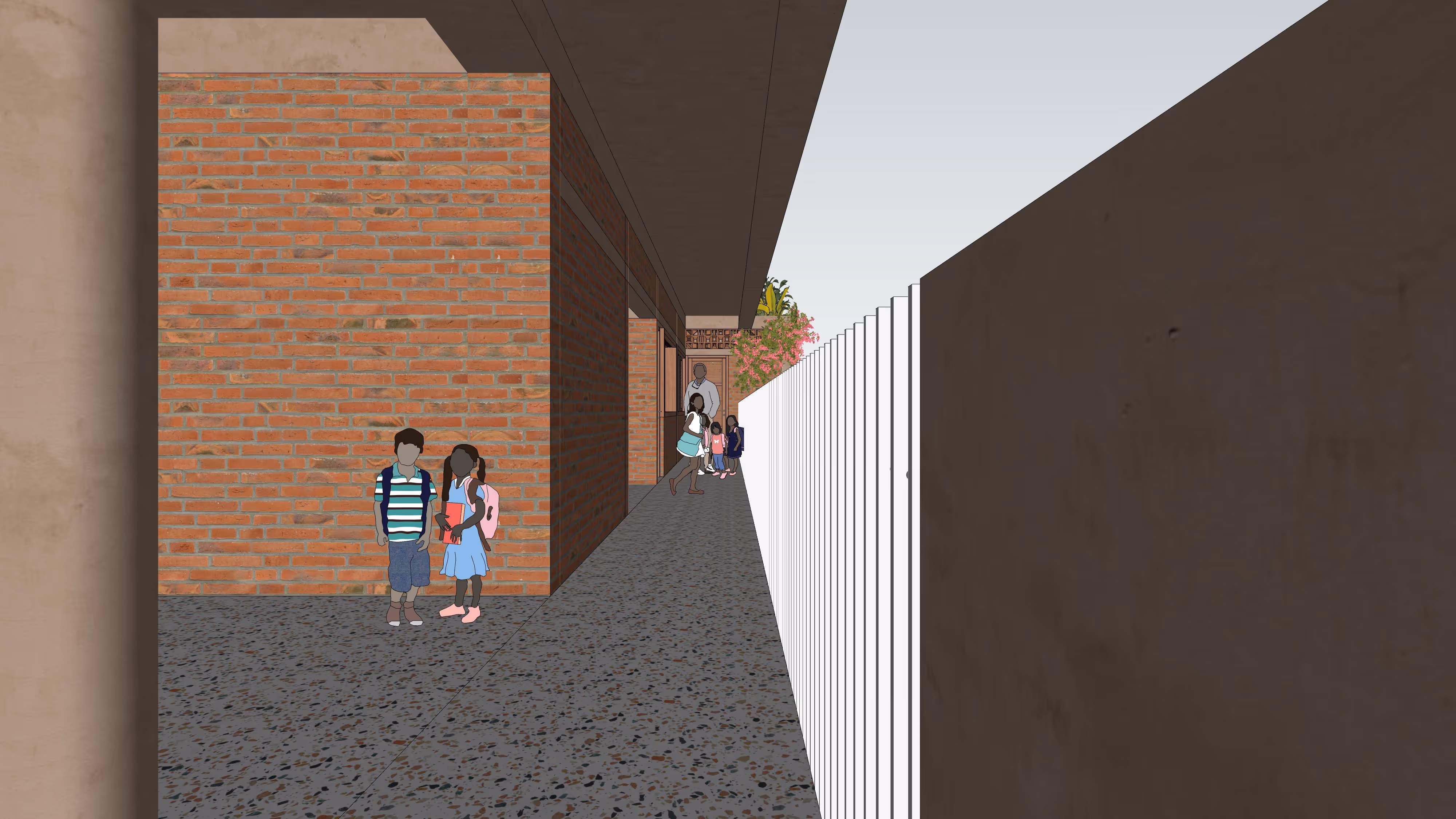 Digital rendering of a modern stairwell with brick walls, concrete columns, and two people walking.